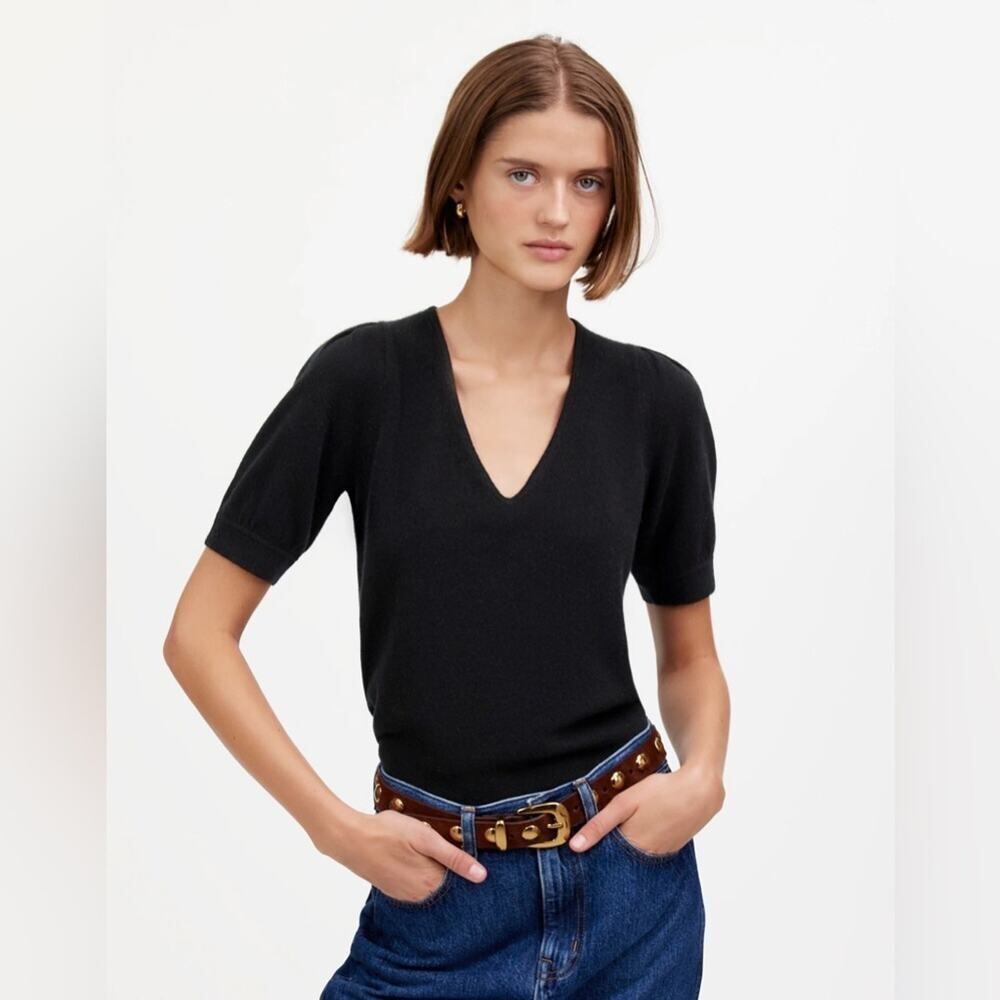 Madewell Black V-Neck Puff-Sleeve Sweater Tee in Cashmere Size XS